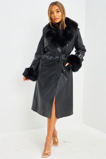 Long coat in black imitation leather and fur