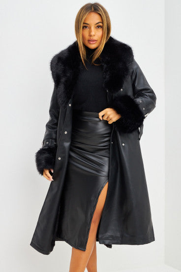 Long coat in black imitation leather and fur