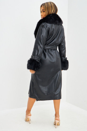 Long coat in black imitation leather and fur