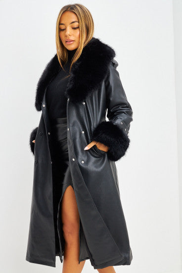 Long coat in black imitation leather and fur