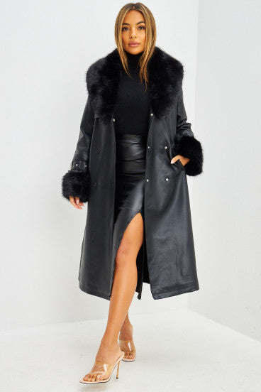 Long coat in black imitation leather and fur